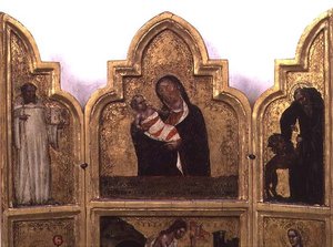 聖ベネディクトと聖ジェロームを抱く聖母子像、三連画の上半分（78652も参照 作： Tommaso da Modena Barisino or Rabisino