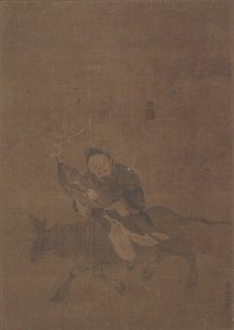 角のある動物に乗る道教。 作： Tong Renyi