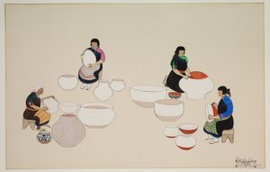 20世紀初頭の小石でこすって空気乾燥した容器を磨く（紙にカゼイン） 作： Tonita Peña