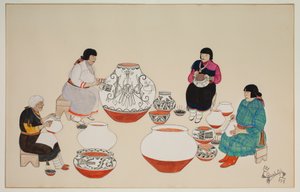容器は装飾されています、20世紀初頭（紙にカゼイン） 作： Tonita Peña