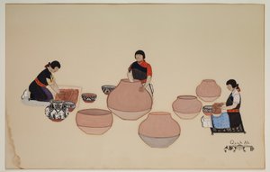 女性の作業粘土、容器の成形、20 世紀初頭、20 世紀初頭 (紙にカゼイン) 作： Tonita Peña