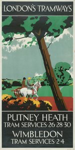 「パトニー ヒース、ウィンブルドン」、ロンドン カウンティ カウンシル LCC トラムウェイのポスター、1927 年 作： Tony Castle