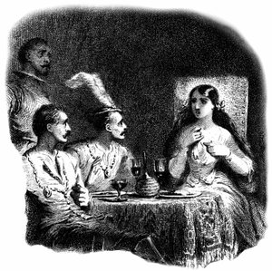 ワイングラスの前に立つ若い女性と3人の男性。-トニー・ヨハノ（Antoine Johannot, dit）によるエングレーヴィング（銅版画）のディテール。 作： Tony Johannot