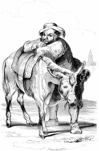 ドン・キホーテ（キホーテ、キホーテ）の従者サンチョ・パンサ（パンカ）とそのロバ。1845年にフランスでデュボシェ社から出版されたセルバンテスの小説の挿絵、ルイ・ヴィアルドーの翻訳、オニー・ヨハノの版画。 作： Tony Johannot
