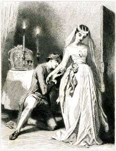 キャンドルの灯る室内、美しい婚約者の足元に膝をつきため息をつく恋人 - ロマンチックなドレスとヘアスタイルの少女 - エングレーヴィング（1845年）：トニー・ヨハノ（アントワーヌ・ヨハノ作 作： Tony Johannot