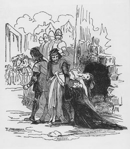ヴィクトルユーゴー（1802-85）による「ノートルダムのせむし」へのイラスト、女性囚人を引きずる兵士（木版画）