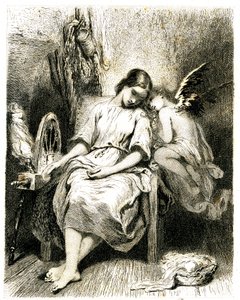 車輪のそばで眠る若い女性（紡ぎ手） - 彼女の肩に寄りかかるアンジェロ - 眠り - 夢 - 愛 - エングレーヴィング（銅版画）1845年 トニー・ヨハノ（アントワーヌ・ヨハノ・ディ）作 作： Tony Johannot