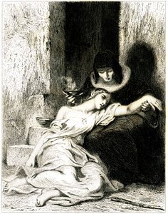 薬（ポーション）を飲ませる年配の女性の膝の上で、目に見えて苦しんでいる（病気の）若い女性 - エッチング（銅版画） Tony Johannot (Antoine Johannot dit) 作 作： Tony Johannot