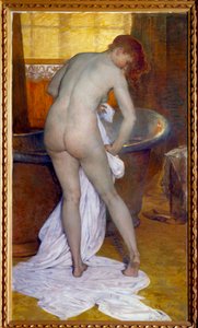 お風呂の様子浴室でのシーン。バスタブから出た女性が裸の体をタオルで拭いています。トニー・ロベール・フルーリー（1837-1912）の絵画