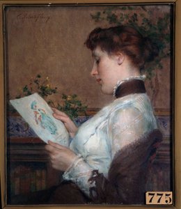 絵 デッサンを鑑賞する女性。トニー・ロベール・フルーリー（1837-1912）の絵 19世紀 オルレアン、ボザール美術館 作： Tony Robert Fleury