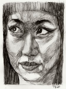 物思いにふけるアジア人女性のイラスト 作： Tore Bahnson