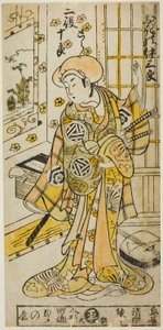 1734年正月、中村座で上演された芝居『十八高今代蘇我』で寅と蘇我十郎の二役を演じた俳優・荻野伊三郎。 作： Torii Kiyomasu II
