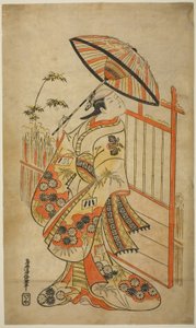 1718 年 11 月、中村座で上演された芝居「ひらがな嫁入り伊豆日記」で、糸紡ぎ糸屋の娘、真田役の初代佐野川萬菊。