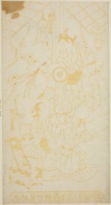1744年正月、中村座で上演された芝居『さざれ石末広源氏』で小姓梅三郎役の初代玉沢才次郎と小禄役の瀬川菊之丞初代 作： Torii Kiyomasu II