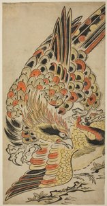 飛行中のクレーンを捕まえるタカ、1715年頃（手描きの木版画） 作： Torii Kiyomasu I