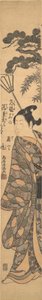 竹製の熊手を左肩に担ぐ背の高い青年 1763年頃 作： Torii Kiyomitsu