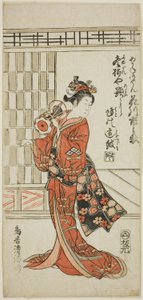宝暦9年（1759）11月、市村座で上演された『大國染主税』の茜御前役、花川一之丞。 作： 鳥居清光初代