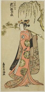 安永2年（1773）3月、市村座で上演された『江戸の春名所曾我』のお七役、初代瀬川祐次郎。 作： 鳥居清光初代