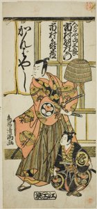 明和3年（1766）11月、市村座で上演された「東山殿歌舞伎の徒たち」の九代目市村羽左衛門（名古屋三三郎役）と二代目市村亀蔵（市村亀蔵役）。 作： 鳥居清光初代