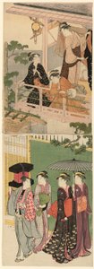 バルコニーの下を通り過ぎるうちわの行商人 作： Torii Kiyonaga
