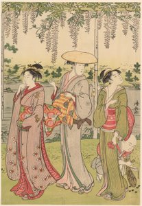 亀戸神社で藤を鑑賞 作： Torii Kiyonaga
