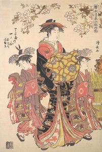 二人のカムロを従えた花魁（おいらん）。 作： Torii Kiyonaga