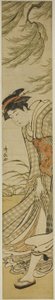 さわやかな日に柳の木の下を歩く花魁 作： Torii Kiyonaga
