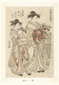Courtisane Hitomachi uit het Tsutaya huis met haar kamuro Sanae en Matsuyo Edocho nichome Tsutaya uchi Hitomachi Sanae Matsuyo (title on object) Belangrijke personen uit de lusthuizen (series title) Seiro satomenuki (title on object) 作： Torii Kiyonaga