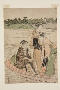 六甲アイランドのフェリー？川（カラー木版画