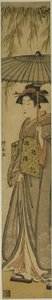 柳の木の下で日傘をさす芸者 作： Torii Kiyonaga