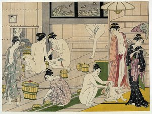 浴場の女性 - 鳥居清長 (1752-1815) 作、版画 (18 x 13.5 cm)、1790 年頃 - 個人蔵