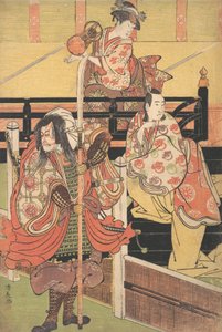 バルコニーに腰掛けて鼓を奏でる女、その下には大名装束の男、海… 1790年。