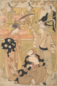 花魁役の初代尾上松介が左に立ち、サム役の中村中蔵初代に話しかける… 1788年。