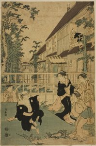 吉原の茶屋「かんかんろう」での野外アミューズメント 作： Torii Kiyonaga