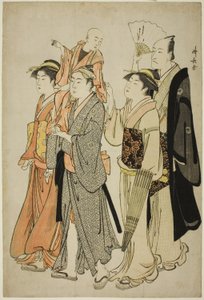 俳優の私生活を描いた 4 枚の無題の版画シリーズから、5 代目俳優市川團十郎とその家族 作： Torii Kiyonaga