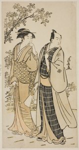 役者の私生活を描いた無題の版画シリーズより二代目役者市川門之助夫妻