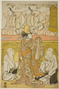 The Actor Nakamura Nakazo I as the Shirabyoshi Katsuragi, Matsumoto Koshiro IV as the monk Meigetsubo, and Otani Hiroji III as the monk Izayoibo, in the play "Edoganoko Musume Dojoji," performed at the Ichimura Theater in the eighth month, 1783 作： Torii Kiyonaga