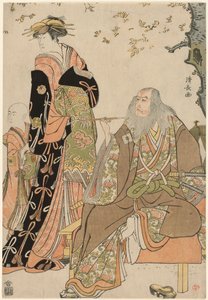 天明4年（1784）3月、中村座で上演された『助六由加里の江戸桜』での五代目市川團十郎（ひげの一休役）、中村莉子（あげまき役）、市川海老蔵（あげまきの付き人役）。 作： Torii Kiyonaga