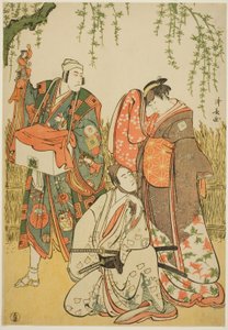 The Actors Ichikawa Yaozo III as Shiragiku, Ichikawa Danjuro V as the puppeteer Dekurokubei, and Sawamura Sojuro III as Soga no Juro, in the joruri "Shinobukoi Yanagi no Katsura Otoko," performed at the Nakamura Theater in the first month, 1785