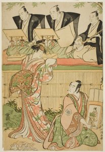 The Actors Matsumoto Koshiro IV as Ukita Sakingo and Sawamura Sojuro III as the ghost of the courtesan Takao, in the play "Ominaeshi Sugata no Hatsuaki," performed at the Nakamura Theater, 1788 作： Torii Kiyonaga
