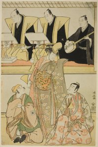 The Actors Nakayama Kojuro VI (Nakamura Nakazo I) as Chidori, Sawamura Sojuro III as Shigemori, and Ichikawa Yaozo III as Yoshibei, in the shosa "Fukyoku Edo Geisha," performed at the Nakamura Theater in the eleventh month, 1785