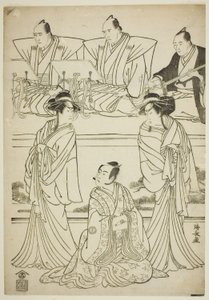 The Actors Segawa Kikunojo III as the ghost of Yatsuhashi, Sawamura Sojuro III as Soga no Juro, and Ichikawa Danjuro V as the ghost of Seigen, in the play "Sono Omokage Matsu ni Sakura," performed at the Nakamura Theater in the first month, 1783 作： Torii Kiyonaga