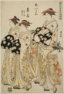 扇屋の遊女花扇と従者の吉野、龍田 「ファッションモデル ひながたわかなのはつもよう」より 作： Torii Kiyonaga