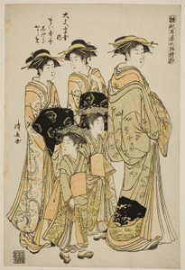 大門寺屋の花魁舞泉と付き添い茂樹、ななめ 「ファッションモデル ひながたわかなのはつもよう」より 作： Torii Kiyonaga