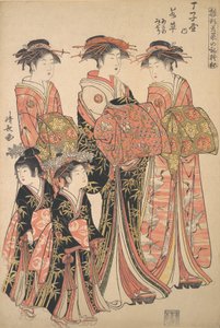 長治屋の遊女若草と従者の浅野とみどり。 1783年。 作： Torii Kiyonaga