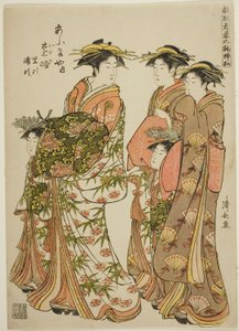 扇屋の花魁杜氏と付き添いの里次、浦路、連載「ひながた若菜のはつもよう」より、吉原を闊歩 を 作： Torii Kiyonaga