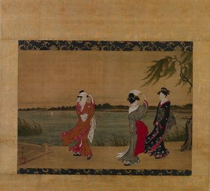 川岸の 3 人の少女、19 世紀初頭。 作： Torii Kiyonaga