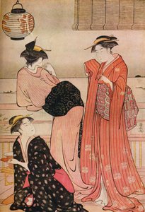 品川の江戸湾を見下ろす茶屋のベランダに立つ3人の少女、c1752-1815 作： Torii Kiyonaga