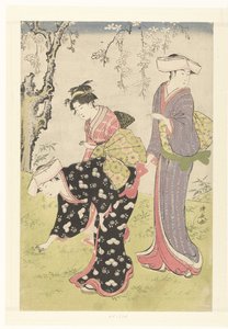 満開の桜の木の下で二人の女性と少女 風情のある錦と東洋の風情（連載タイトル） 風俗東の錦 作： Torii Kiyonaga