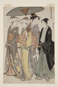 バナーマンの二人の娘と召使の女と若者（カラー木版画 作： Torii Kiyonaga